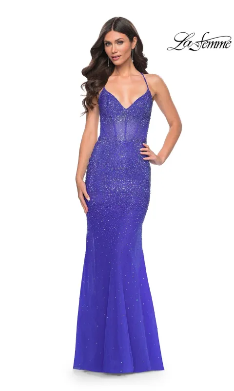 La Femme Sheer-Waist Long Beaded Prom Dress 32007 sold by PromGirl