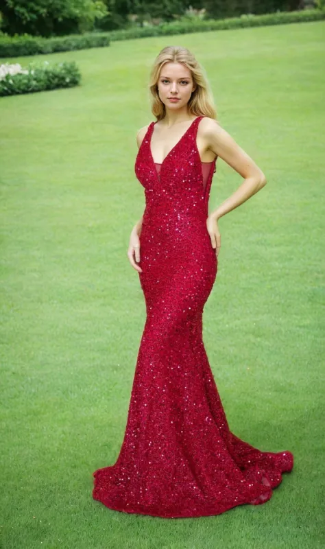 V-Neck Long Sequin Prom Dress 9108 sold by PromGirl