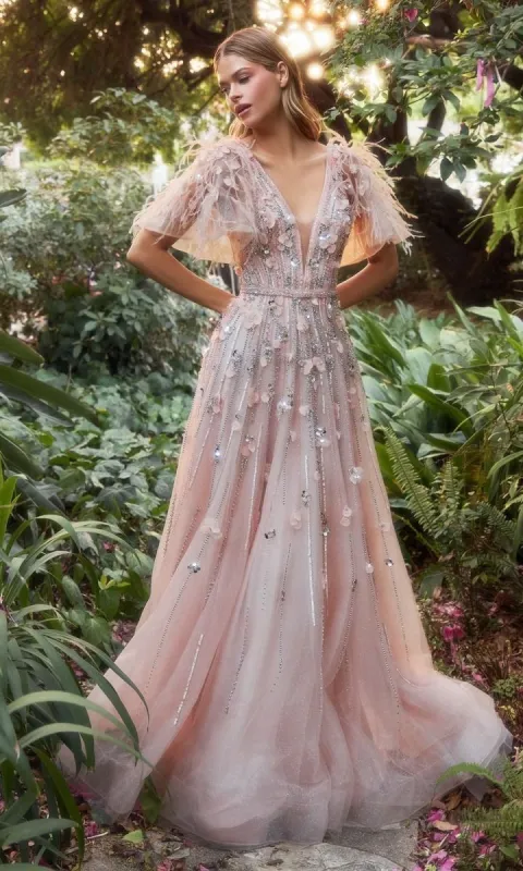 Blush Pink Long Flutter-Sleeve Prom Gown A1176 sold by PromGirl