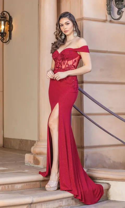 Sheer-Bodice Off-the-Shoulder Long Prom Dress sold by PromGirl