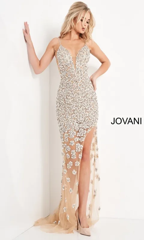 Jovani Long Nude Beaded Sheer Prom Dress 02492 sold by PromGirl