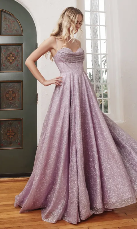 Draped-Bodice Long Glitter A-Line Prom Dress CD252 sold by PromGirl