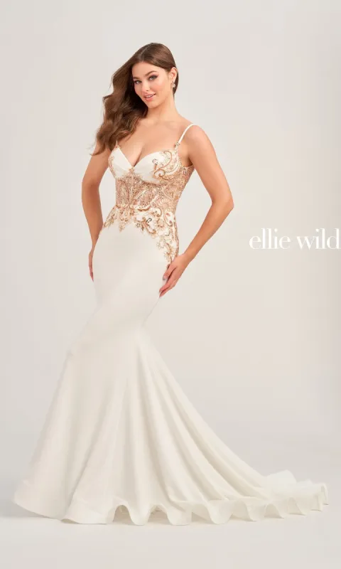 Ellie Wilde Beaded Long White Formal Dress EW35078 sold by PromGirl