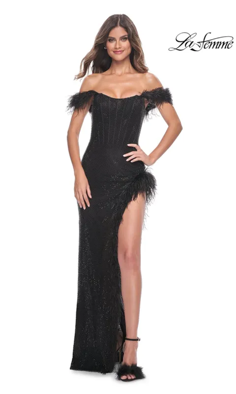 Feather-Trim La Femme Long Black Prom Dress 32151 sold by PromGirl