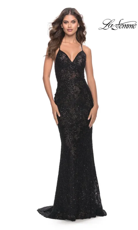 La Femme Long Beaded Lace Prom Dress 31359 sold by PromGirl
