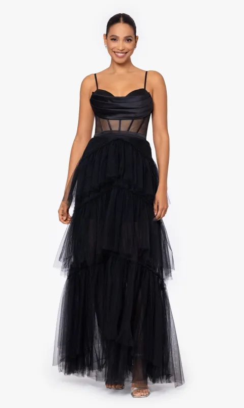 Sheer-Waist Long Black Tiered Prom Dress A26249 sold by PromGirl