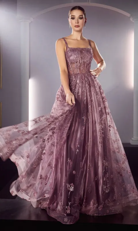 Long A-Line Glitter-Print Prom Dress J840 sold by PromGirl