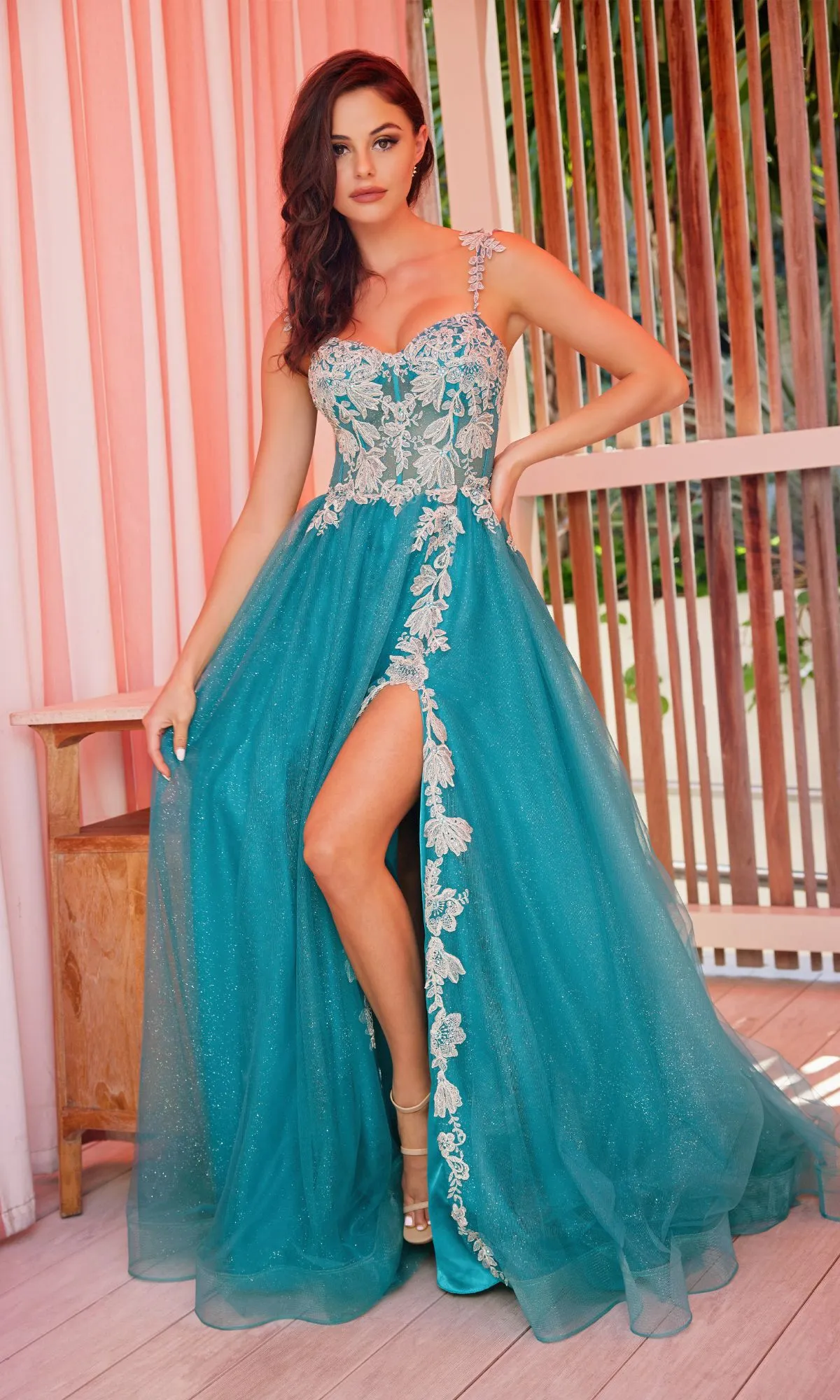 Colette CL2020 Glitter-Lace Long A-Line Prom Dress sold by PromGirl product image thumbnail 3