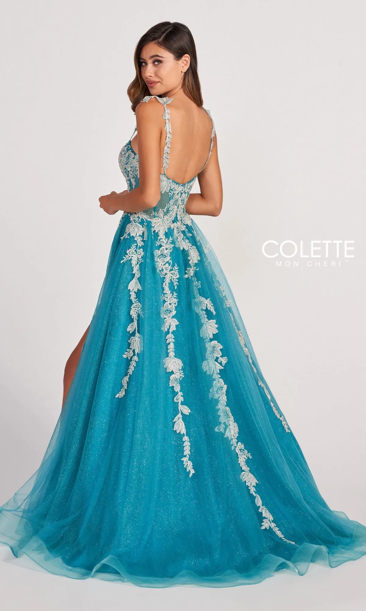 Colette CL2020 Glitter-Lace Long A-Line Prom Dress sold by PromGirl product image thumbnail 4