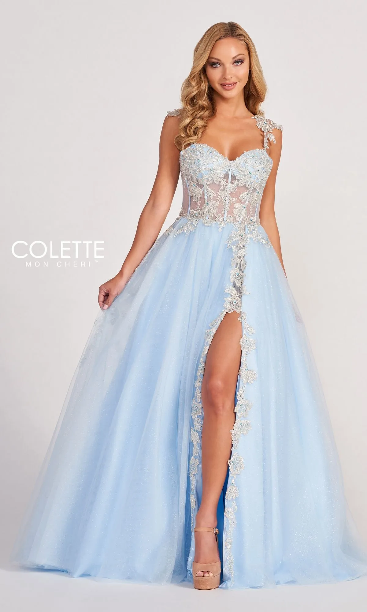 Colette CL2020 Glitter-Lace Long A-Line Prom Dress sold by PromGirl product image thumbnail 5
