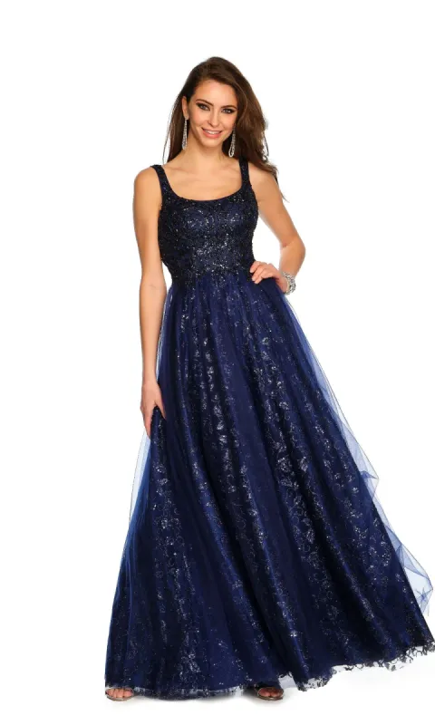 Dave and Johnny Navy Long Glitter Prom Dress 11008 sold by PromGirl
