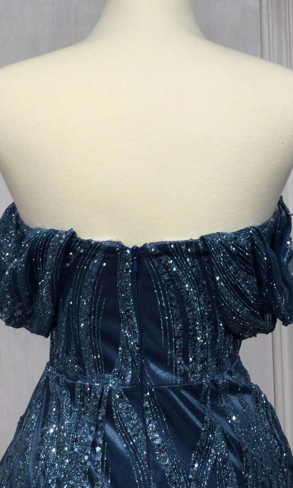 Off-Shoulder Long Blue Glitter-Print Prom Dress J849 sold by PromGirl product image thumbnail 3