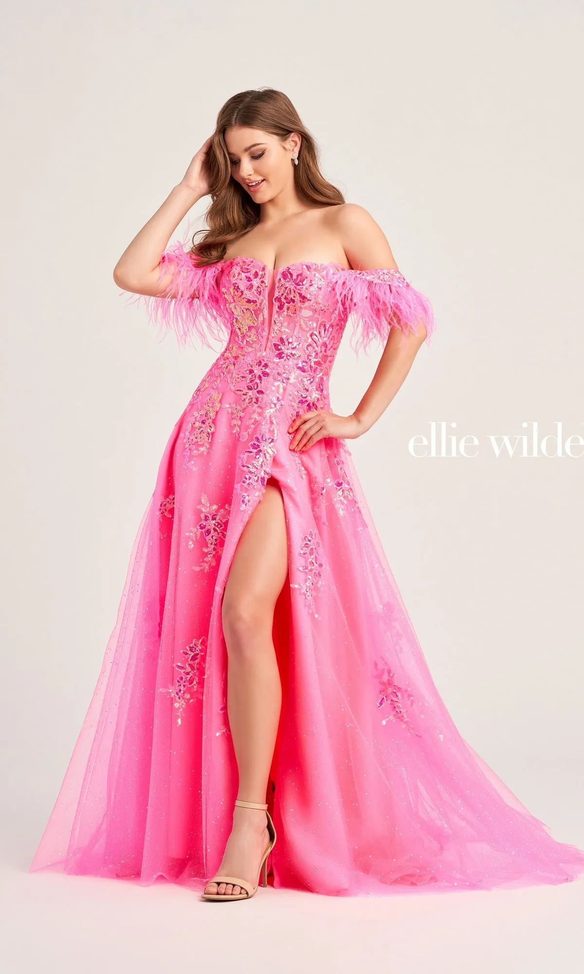 Feather-Sleeve Ellie Wilde Long Prom Dress EW35220 sold by PromGirl product image thumbnail 4