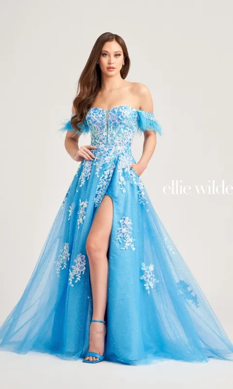 Feather-Sleeve Ellie Wilde Long Prom Dress EW35220 sold by PromGirl