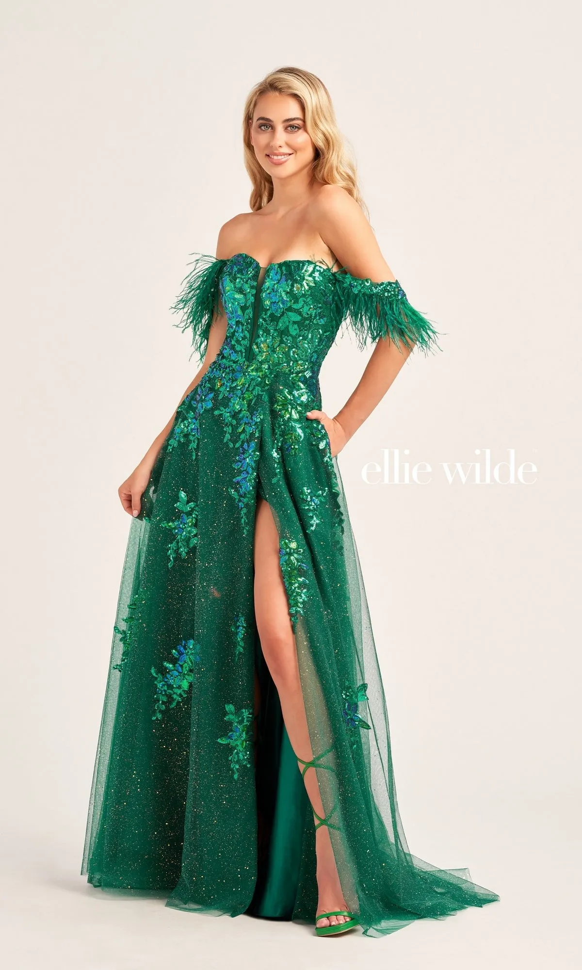 Feather-Sleeve Ellie Wilde Long Prom Dress EW35220 sold by PromGirl product image thumbnail 3