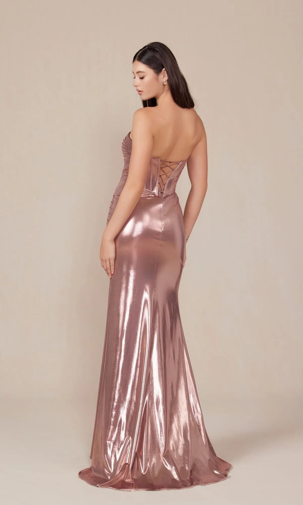 Pleated Metallic Long Prom Dress: Nox Anabel T1499 sold by PromGirl product image thumbnail 2
