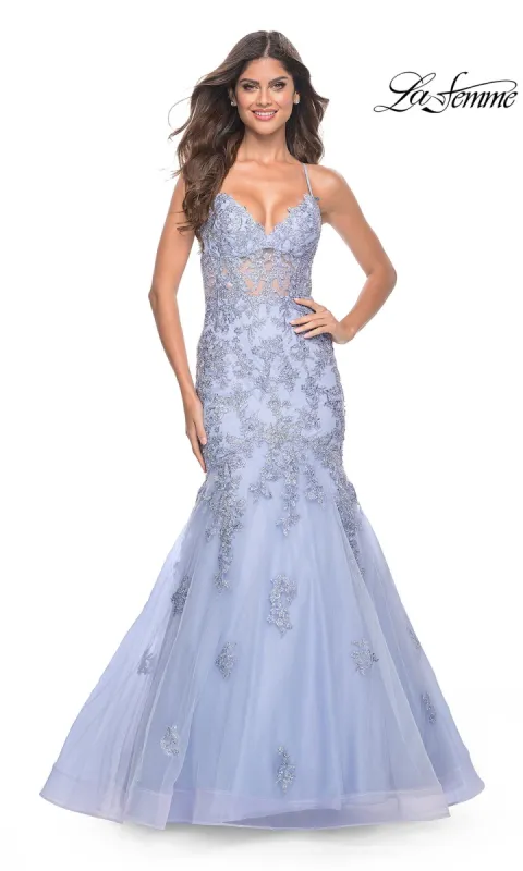 La Femme Long Lace Mermaid Prom Dress 32004 sold by PromGirl