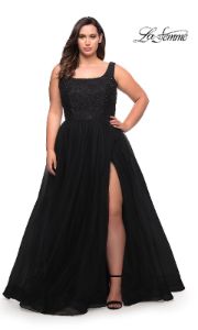La Femme Plus-Size Long Lace-Bodice Prom Dress sold by PromGirl