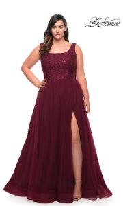 La Femme Plus-Size Long Lace-Bodice Prom Dress sold by PromGirl