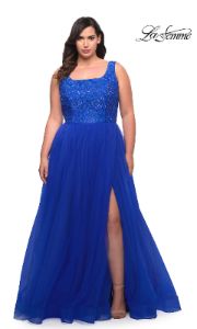 La Femme Plus-Size Long Lace-Bodice Prom Dress sold by PromGirl