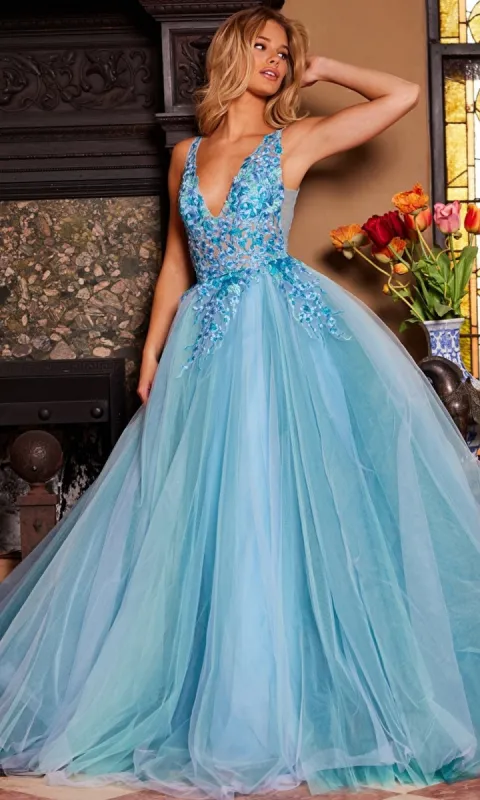 Jovani Tulle Prom Ball Gown with Floral Embroidery sold by PromGirl