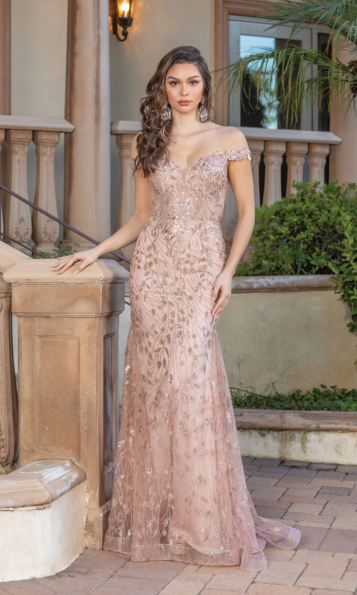 Off-the-Shoulder Long Glitter Prom Dress sold by PromGirl