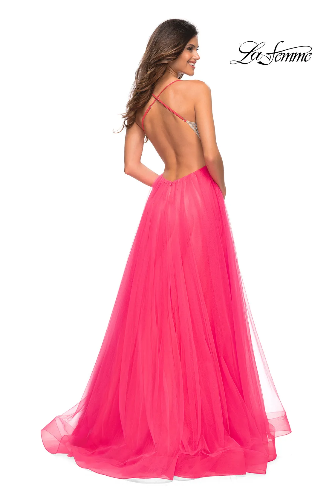 La Femme Neon Pink Long Tulle Prom Dress sold by PromGirl product image thumbnail 2