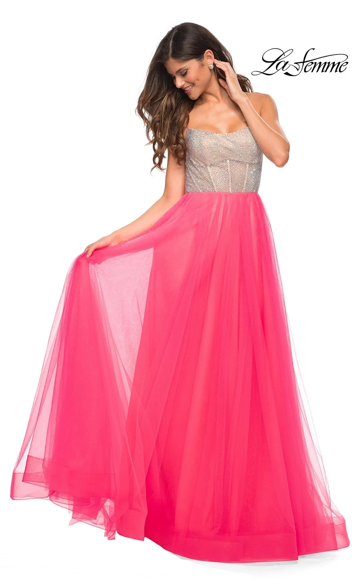 La Femme Neon Pink Long Tulle Prom Dress sold by PromGirl