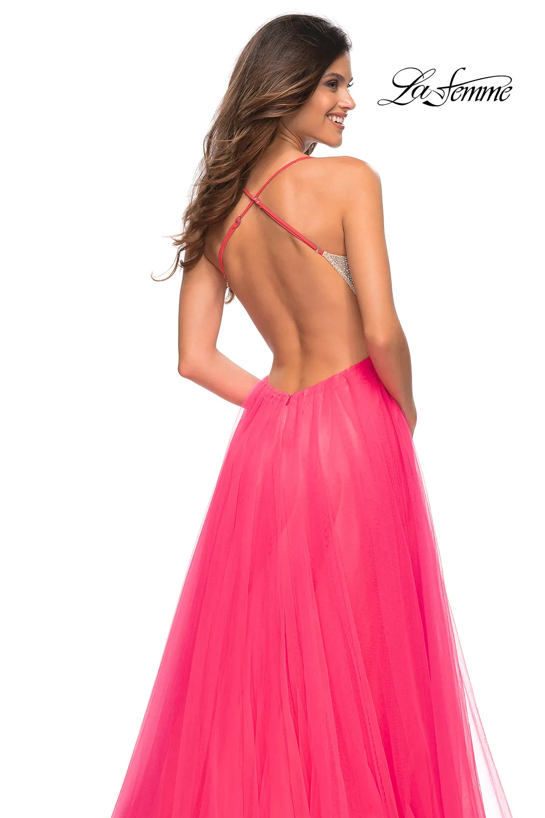 La Femme Neon Pink Long Tulle Prom Dress sold by PromGirl product image thumbnail 4