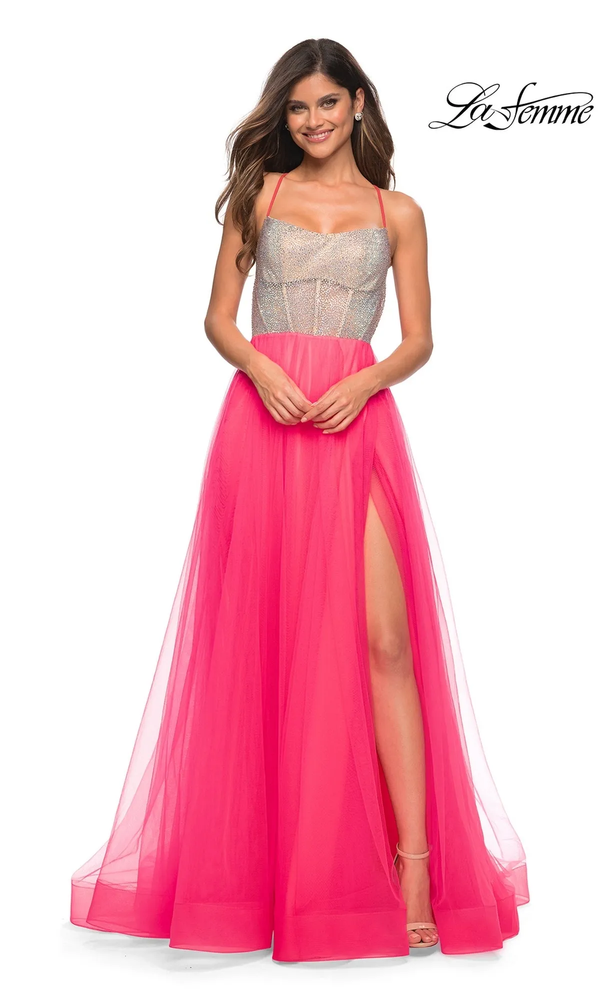 La Femme Neon Pink Long Tulle Prom Dress sold by PromGirl product image thumbnail 5