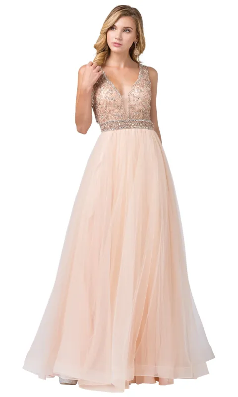 Beaded-Bodice Long Prom Ball Gown with Cut-Out sold by PromGirl