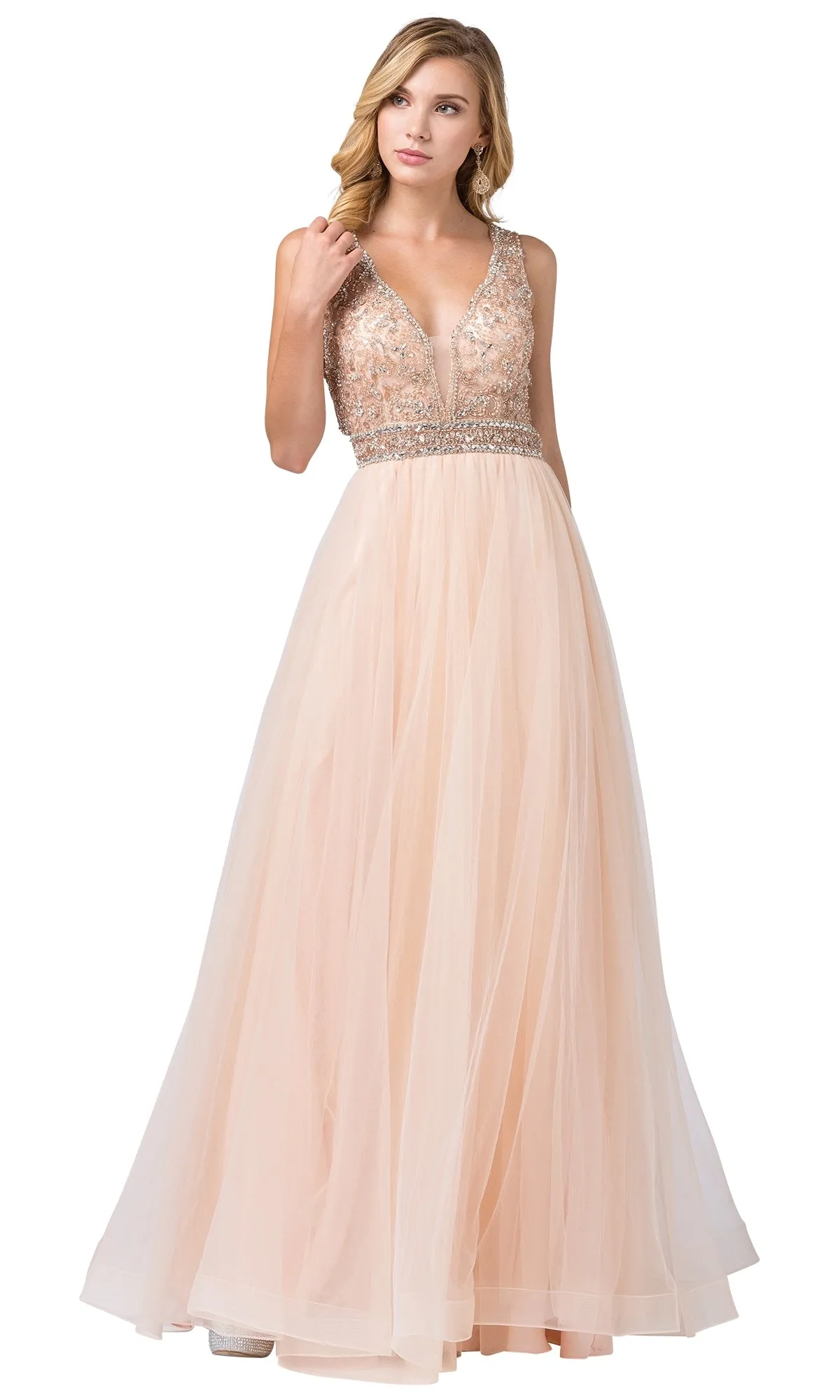 Beaded-Bodice Long Prom Ball Gown with Cut-Out sold by PromGirl