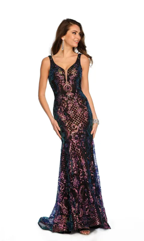 Dave and Johnny Long Sequin-Print Prom Dress 11006 sold by PromGirl