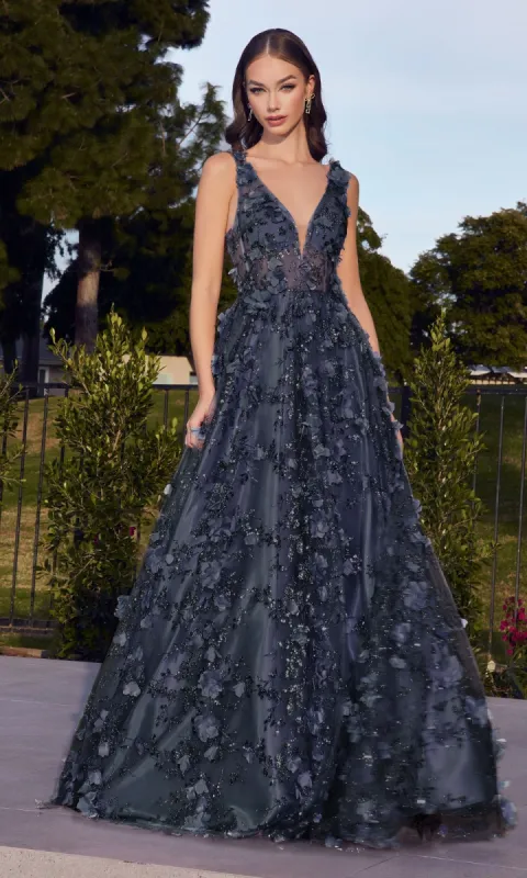 Long Glitter-Floral A-Line Prom Ball Gown J838 sold by PromGirl