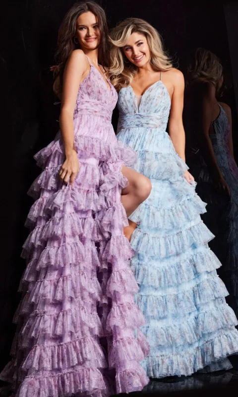 Long Print Ruffled A-Line Prom Dress: Jovani 36571 sold by PromGirl