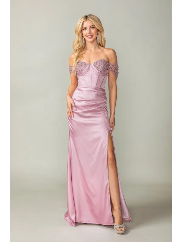 Off-the-Shoulder Long Prom Dress 4401 with Beads sold by PromGirl