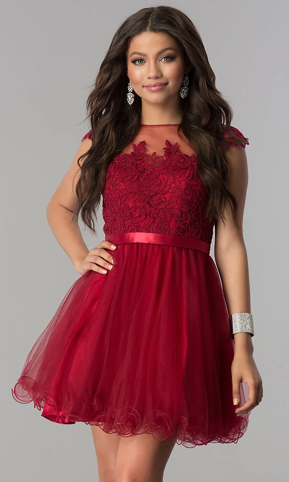 Lace-Applique-Bodice Short Homecoming Dress sold by PromGirl
