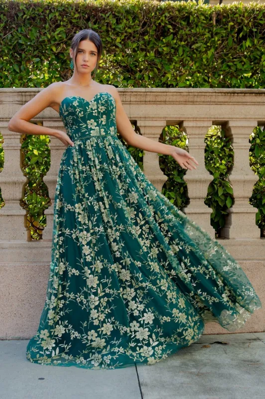 Glitter-Floral Long Strapless Prom Dress 8043J sold by PromGirl