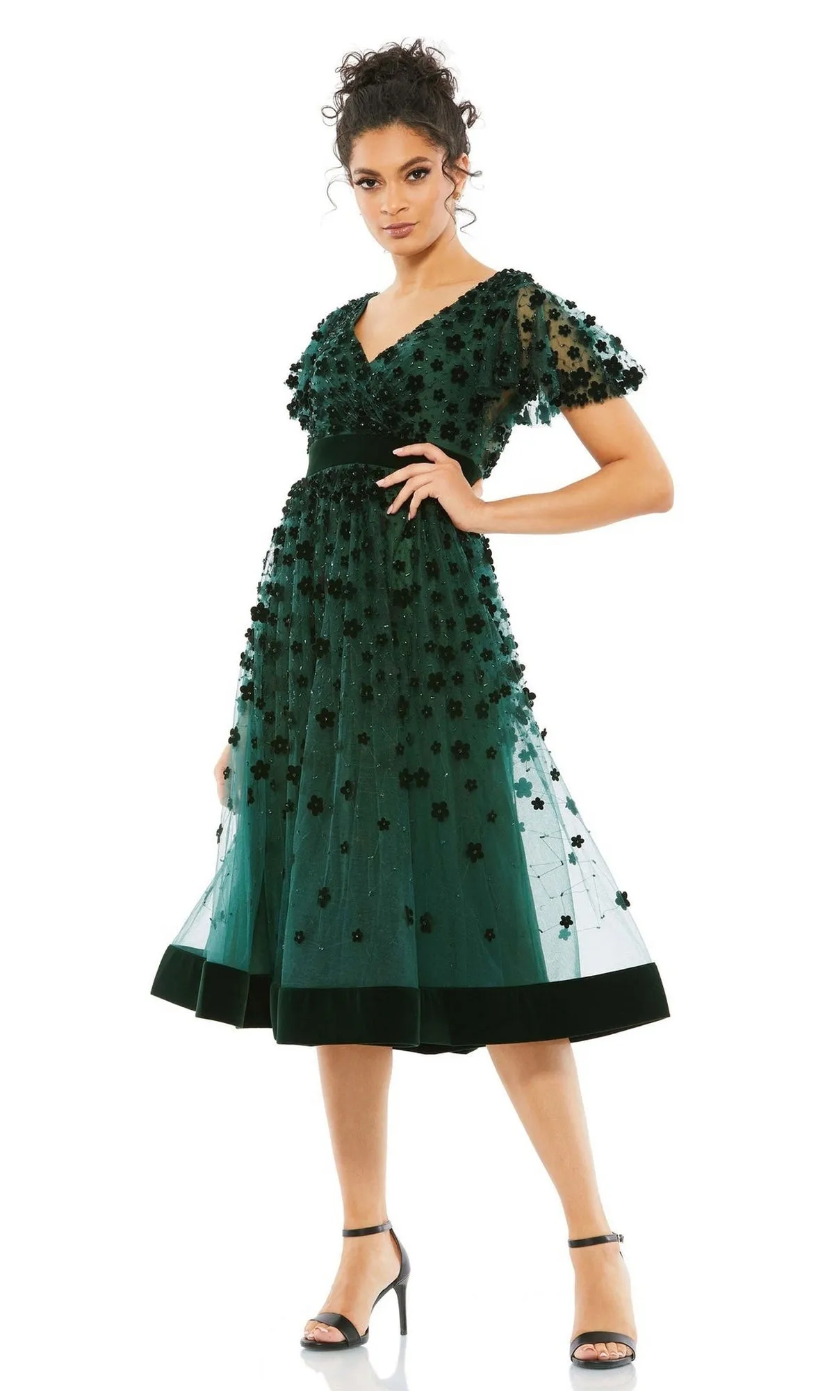 Floral Midi Wedding Guest Dress: Mac Duggal 67854 sold by PromGirl