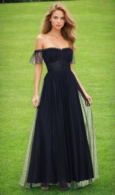 Swiss Dot Long Black Lace-Up Prom Dress 4601BN sold by PromGirl