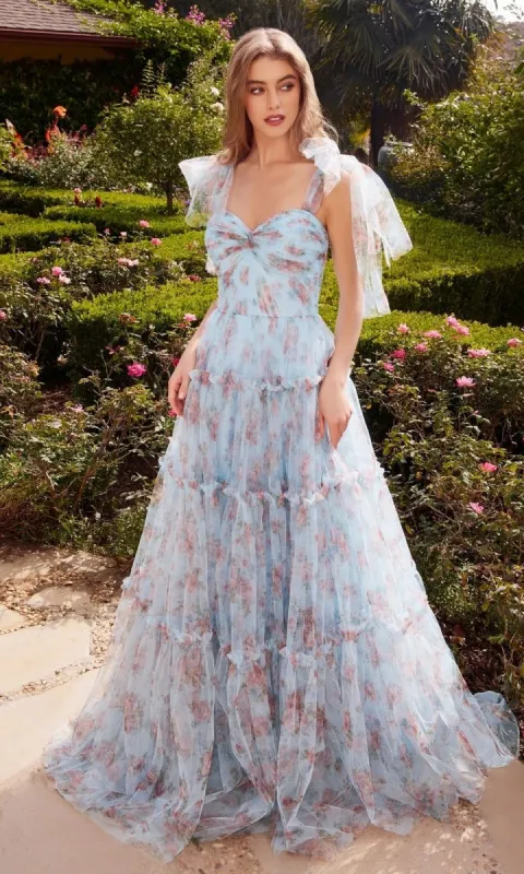 Blue Print Long Prom Dress with Bow Straps A1332 sold by PromGirl