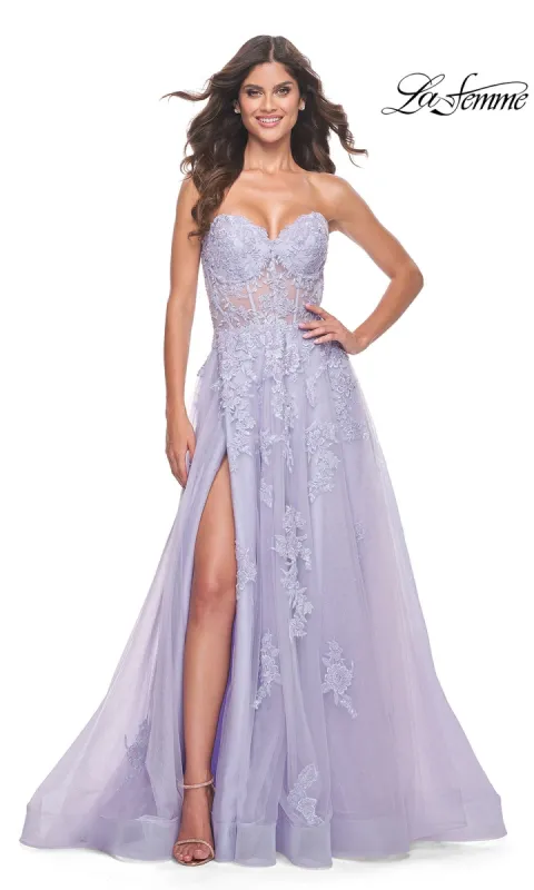 La Femme Strapless Long Lace Prom Dress 32145 sold by PromGirl