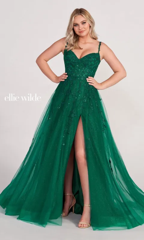 Ellie Wilde Long Glitter-Tulle A-Line Formal Dress sold by PromGirl