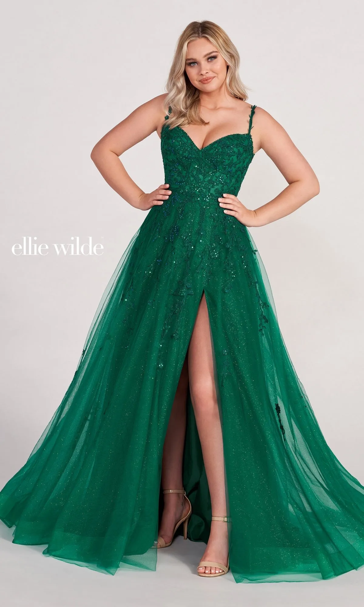 Ellie Wilde Long Glitter-Tulle A-Line Formal Dress sold by PromGirl