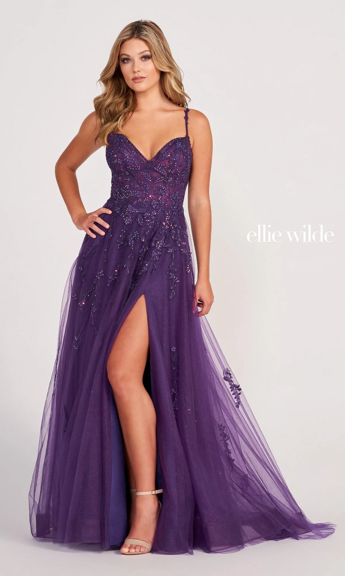 Ellie Wilde Long Glitter-Tulle A-Line Formal Dress sold by PromGirl product image thumbnail 5