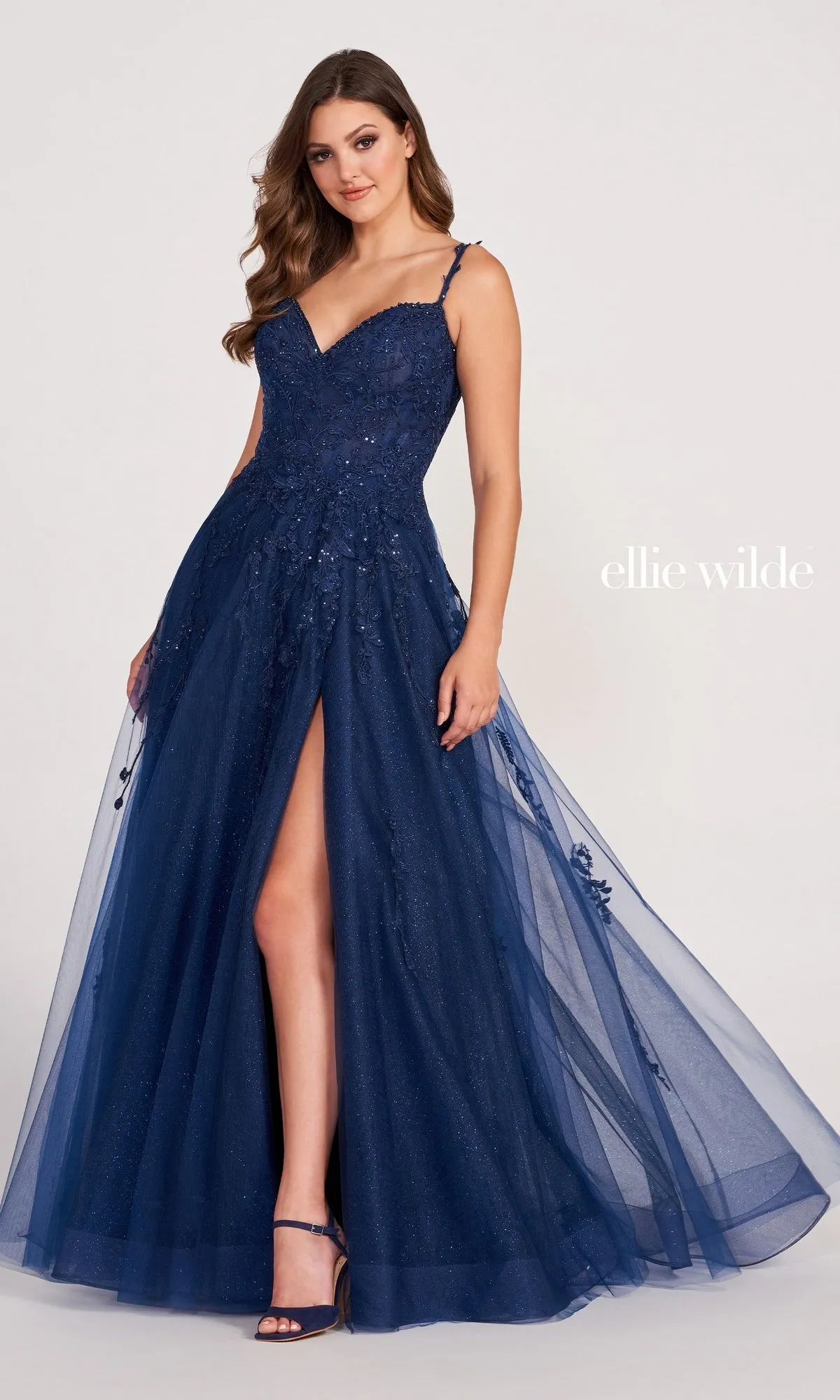 Ellie Wilde Long Glitter-Tulle A-Line Formal Dress sold by PromGirl product image thumbnail 4