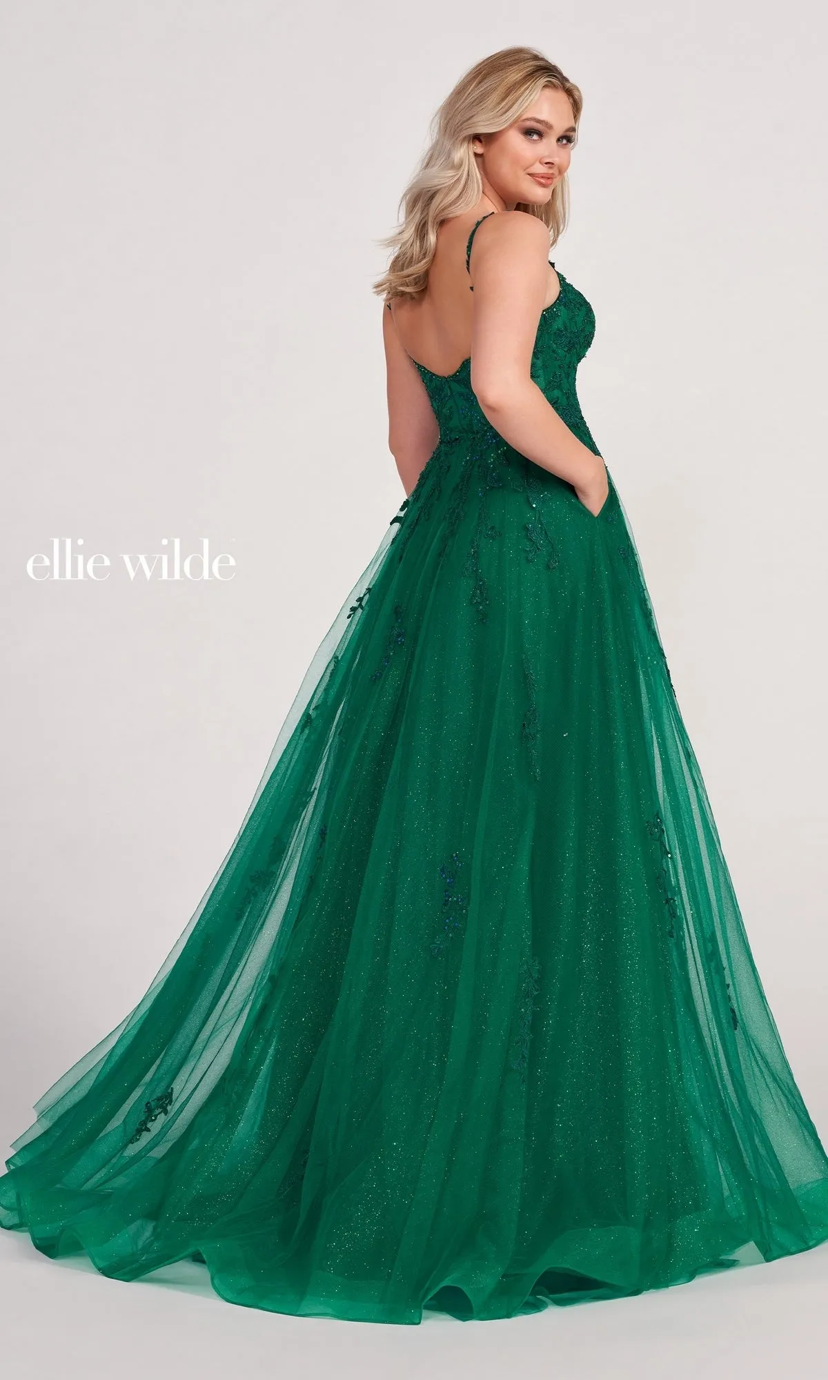 Ellie Wilde Long Glitter-Tulle A-Line Formal Dress sold by PromGirl product image thumbnail 2