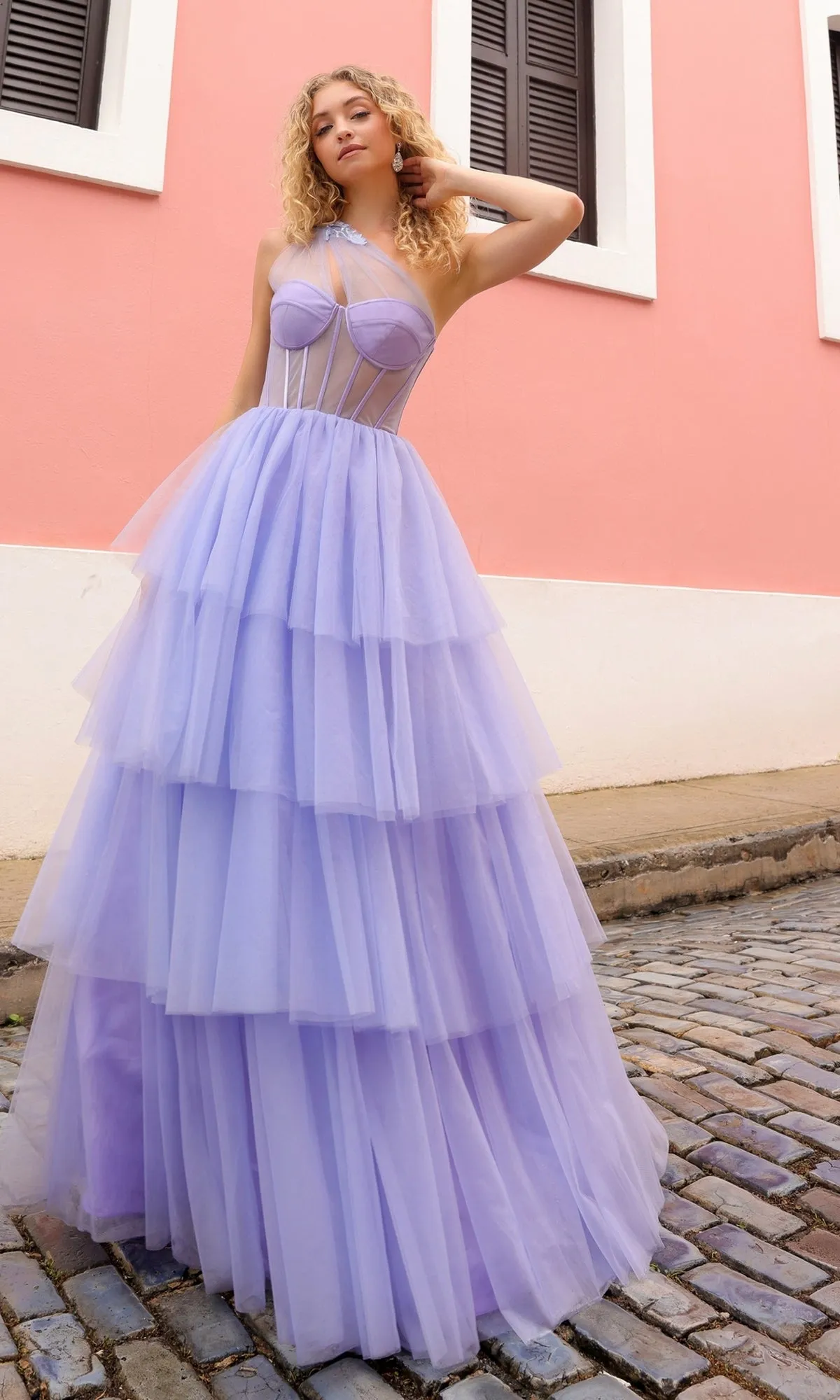 Sheer-Bodice Long Layered Prom Ball Gown P1400 sold by PromGirl