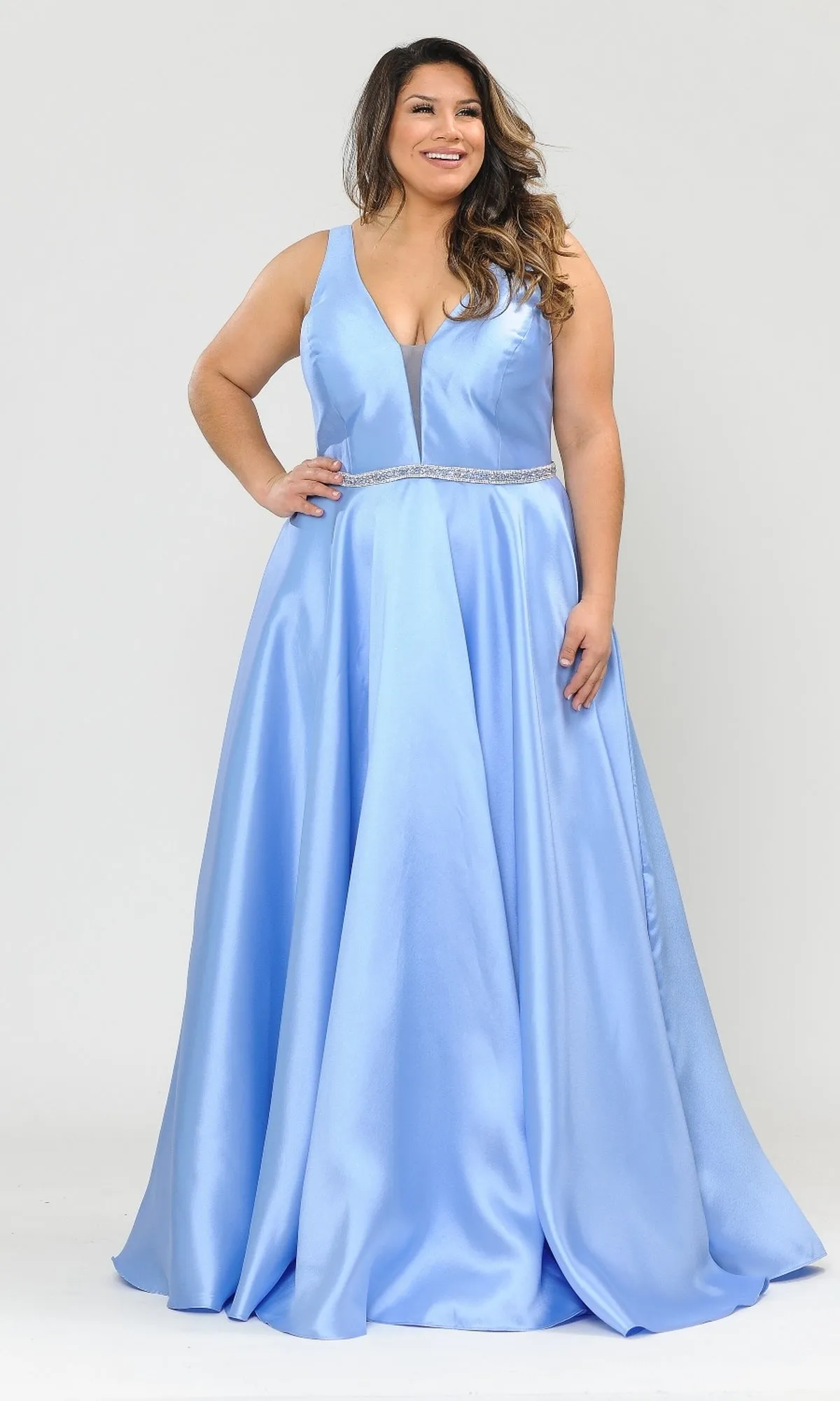 V-Neck Plus-Size Long Prom Dress with Pockets W1108 sold by PromGirl