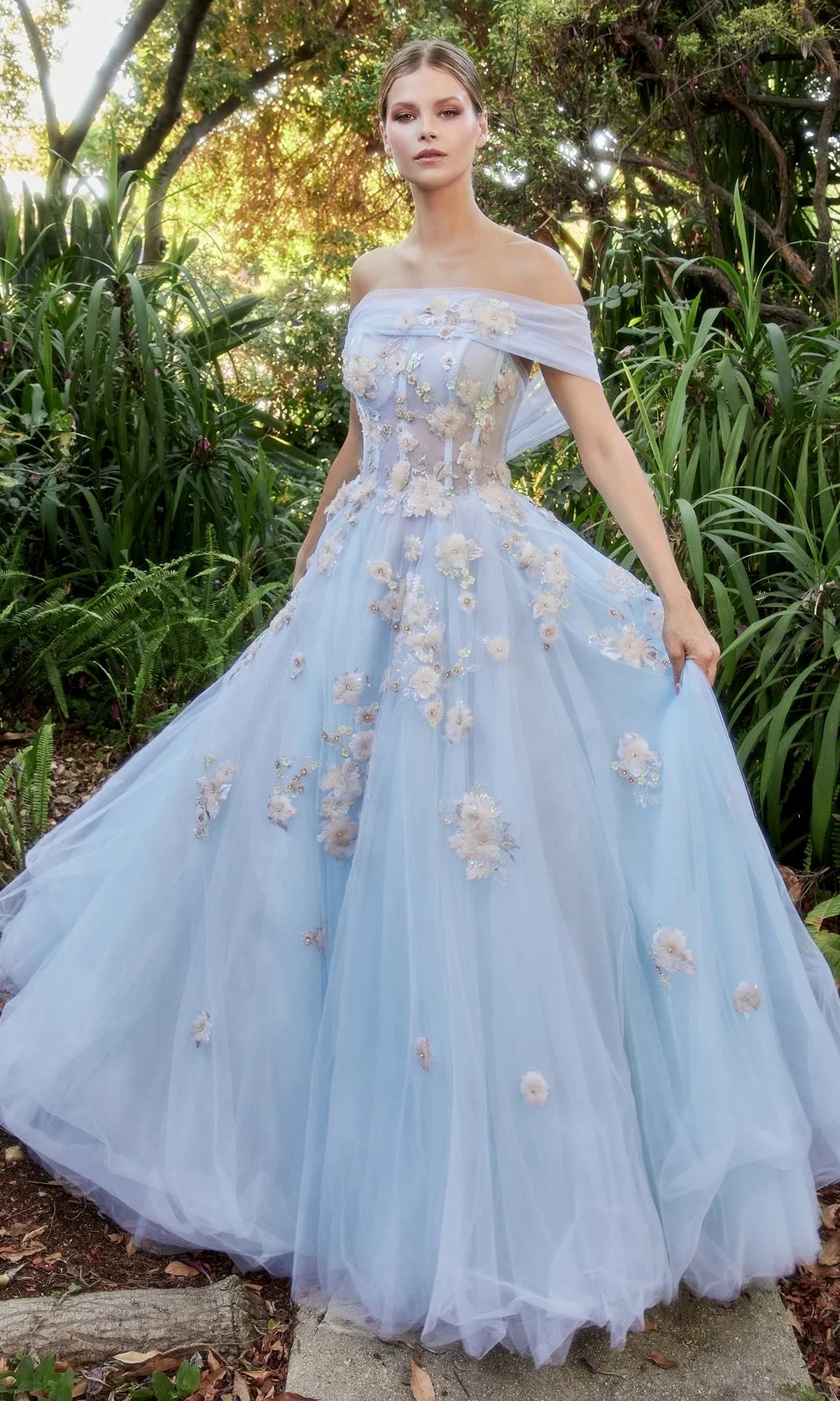 Off-Shoulder Long Blue Floral Prom Ball Gown A1048 sold by PromGirl